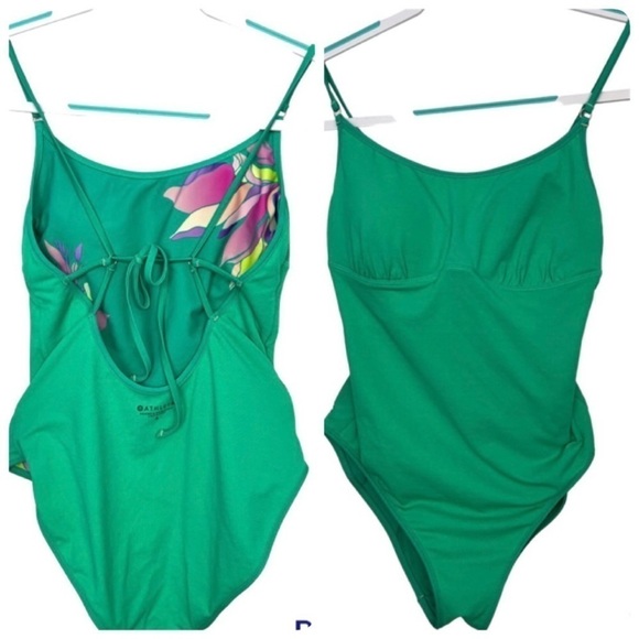 Athleta Teal Vintage Floral Hawaiian Green Pink One Piece Strappy Swimsuit - Picture 4 of 8
